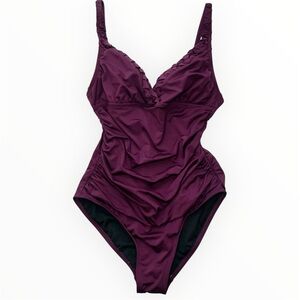 Vintage 90s minimalist plum Ruched One-Piece bodysuit w tummy control M